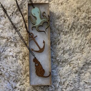 Woodcut Octopus, Anchor, and Cat Pendant Necklace Set